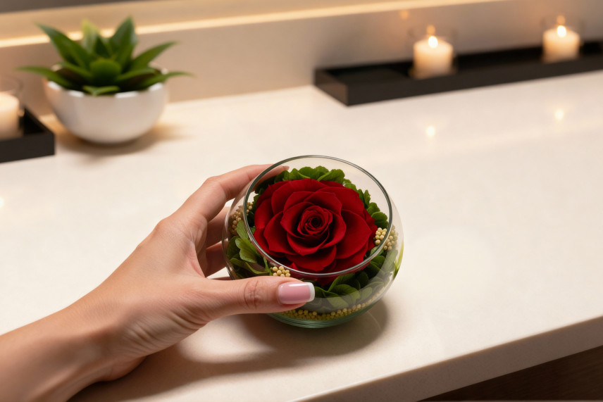 Preserved Rose in Glass Bowl - Red