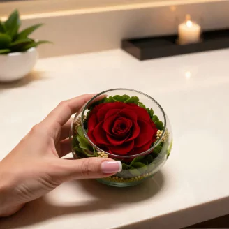 Preserved Rose In Glass Bowl Red