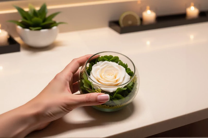 Preserved Rose In Glass Bowl Peach