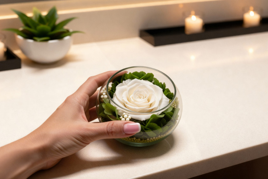Preserved Rose in Glass Bowl - White