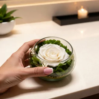 Preserved Rose In Glass Bowl White