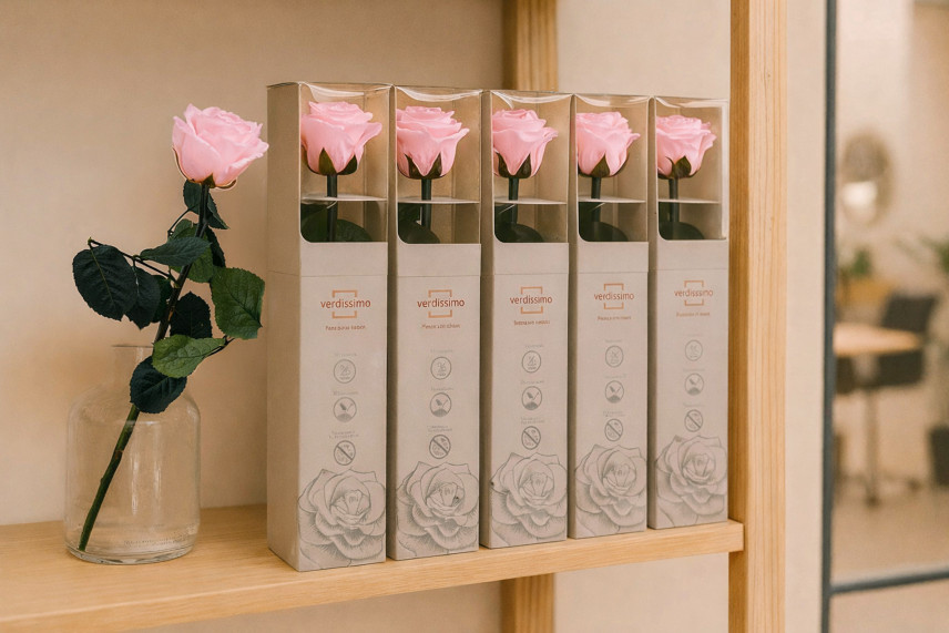 Preserved Roses on stem 30cm - Gift Box 25 Units - Light Pink