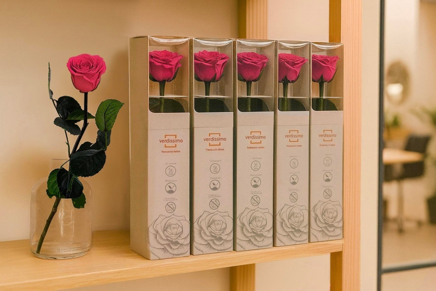 Preserved Roses on stem 12" - Gift Box 25 Units - Dark Pink