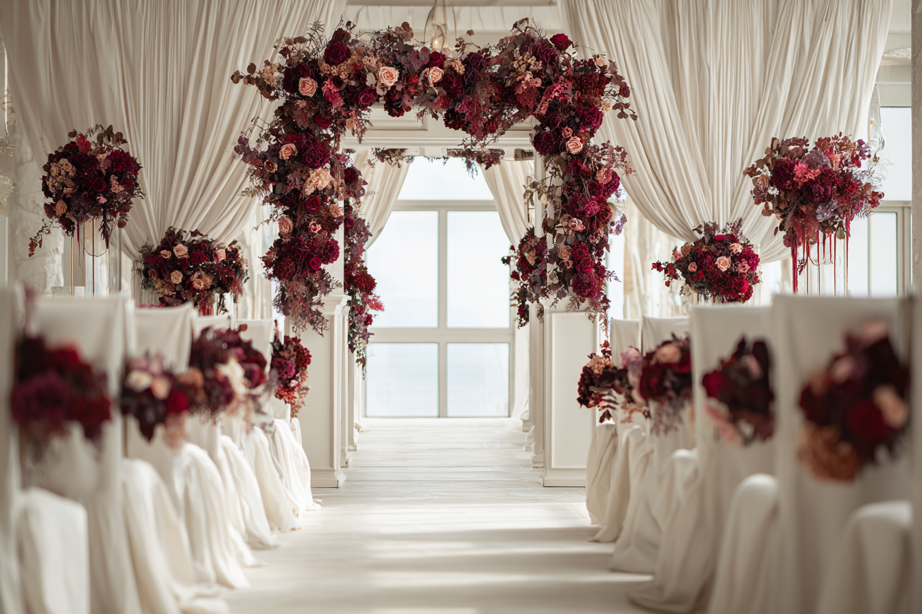An arch made with preserved flowers and chairs in a wedding